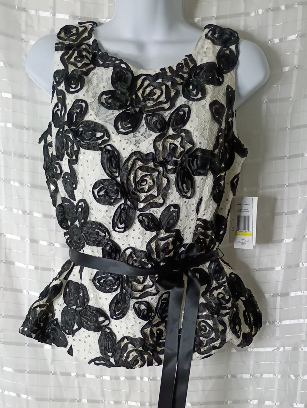 Alex Evenings Black and Ivory Floral Appliqué Peplum Top #6